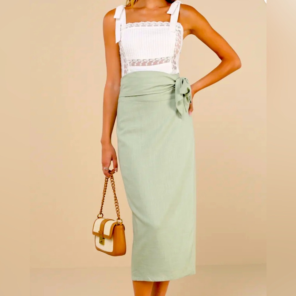 LuLus Breezy Personality Sage Green Linen Midi Wrap Skirt Size M